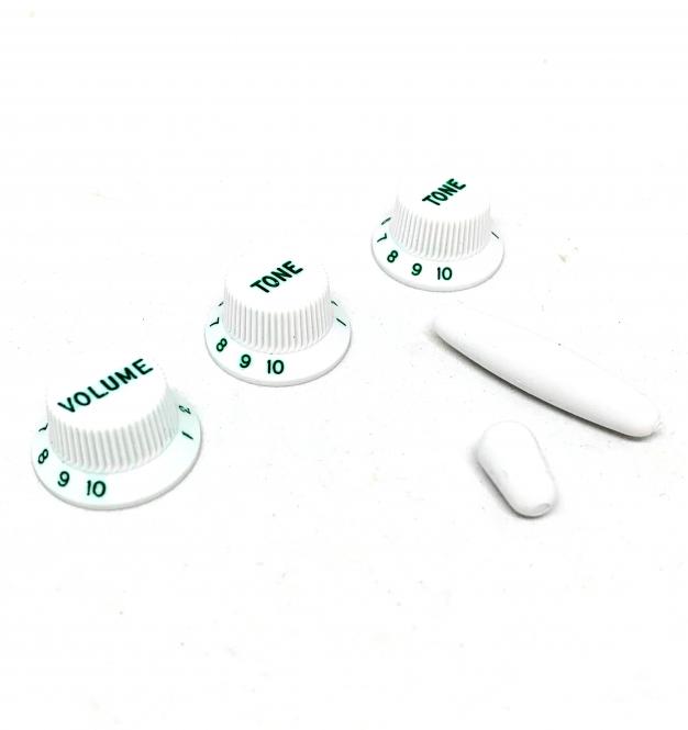 55 SC Knopf Set Neu Weisses Bakelit Grüne Schrift Letters to fit Strat ®  